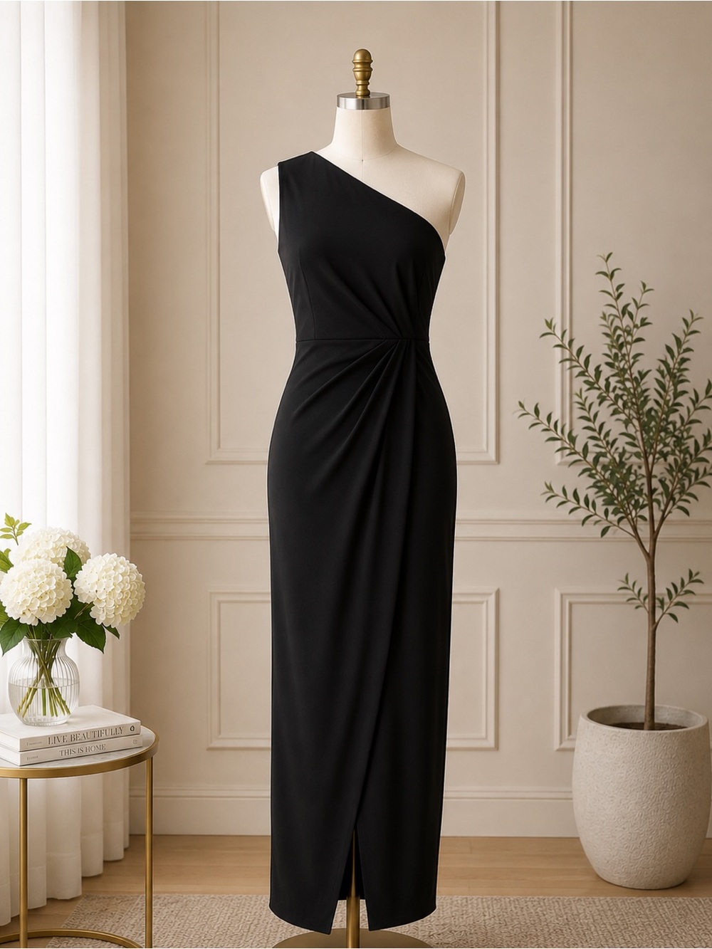 NWT Calvin Klein One-Shoulder Black Gown Dress Size 14 Formal Evening Wedding